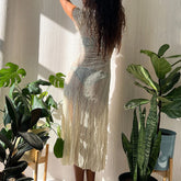 Robe transparente à col rond et manches courtes, robe gilet fendue